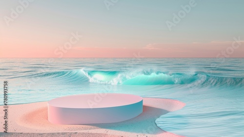 Get lost in the dreamy hues of this gradient podium inspired by a tropical beach. The rosy pink sand melts into a vibrant turquoise . .