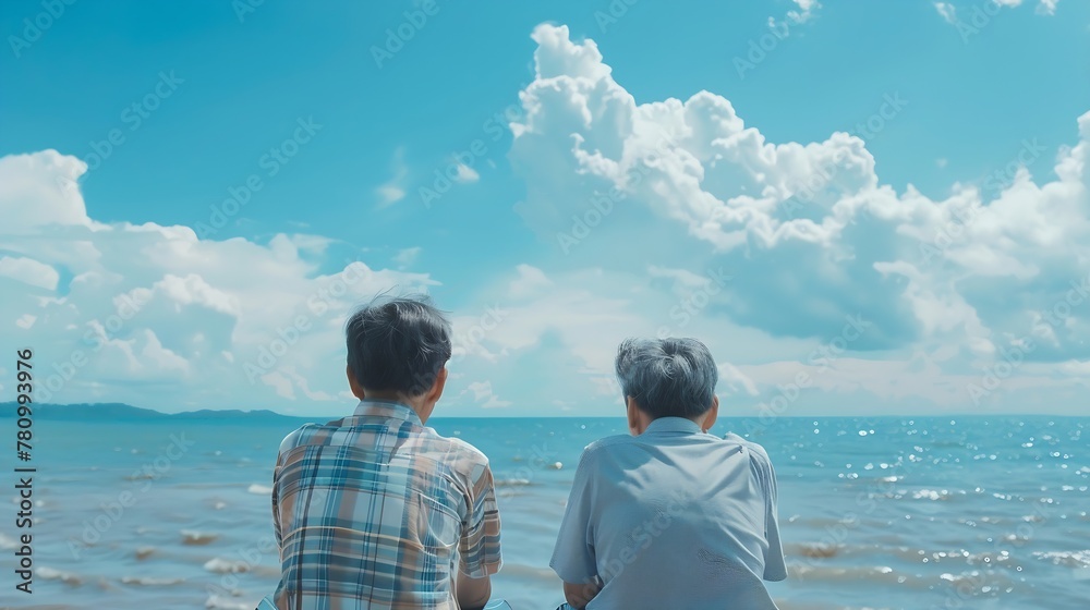 Fototapeta premium Generative AI : Real view of Senior retirement age and son sitting with ocean background. 