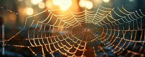 A spider web glistens with dew drops in the early morning light, creating a mesmerizing pattern against a soft sunrise background.