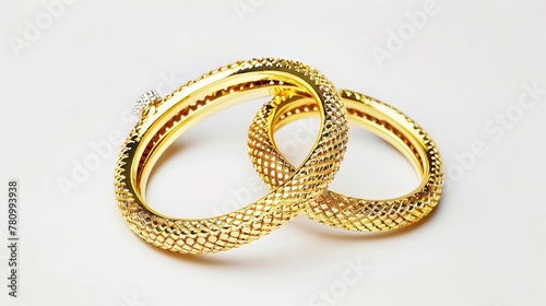 Generative AI : Golden girl accessories two golden bracelets and ring on white background