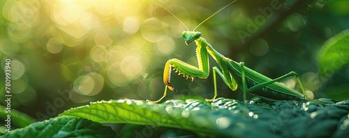 Perched on a green leaf, a solitary praying mantis is bathed in the warm golden light of a sunlit bokeh background. photo