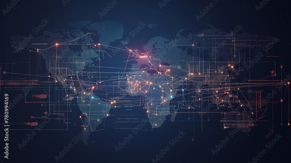 Fototapeta premium Abstract telecommunication world map with circles, lines and gradients.