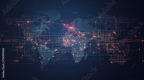 Abstract telecommunication world map with circles, lines and gradients. #780994169