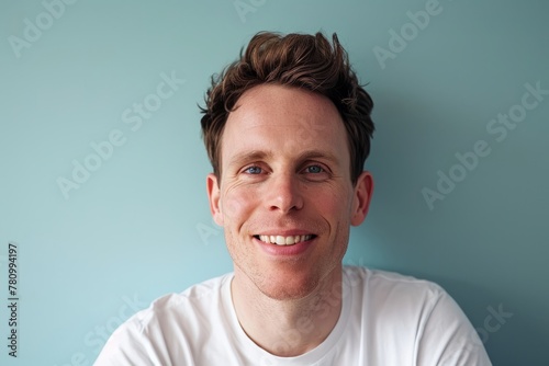Portrait of a handsome young man smiling against a blue background.