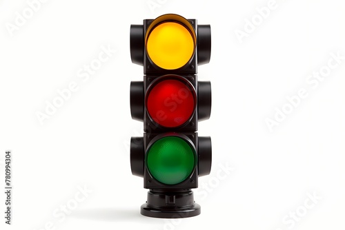 A lone traffic light sign against a plain white backdrop isolated on white solid background