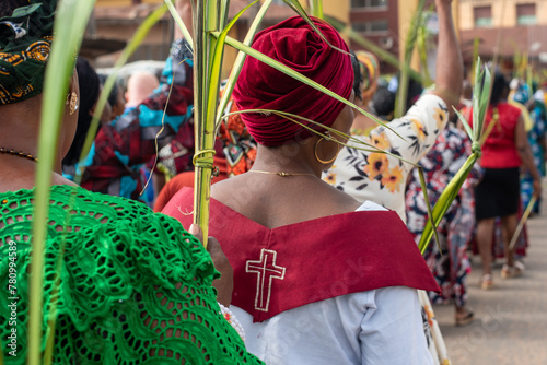 Women holding palms as Members of ST. Mary Cathedral participates in a Palm Sunday procession in Ibadan, Oyo, Nigeria on Sunday, March 24, 2024.