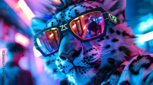 Anthro Snow Leopard Rocks Edgy Sunglasses and Punk Fashion Under Neon Lights in Dynamic Low Angle Shot Generative ai photo