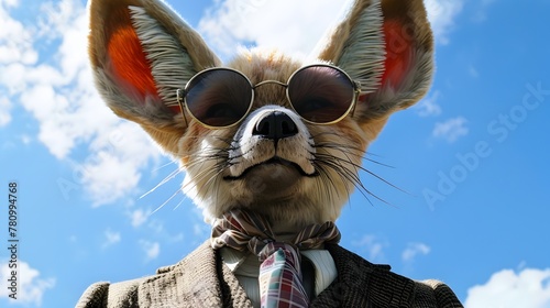 Dapper Anthro Fennec Fox Exuding Classic Gentlemanly Fashion in Vintage Oval Sunglasses and Neckerchief with ThreePiece Suit Generative ai