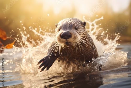 Playful otter sliding down a riverbank, water droplets glistening in the sunlight, isolated on white solid background