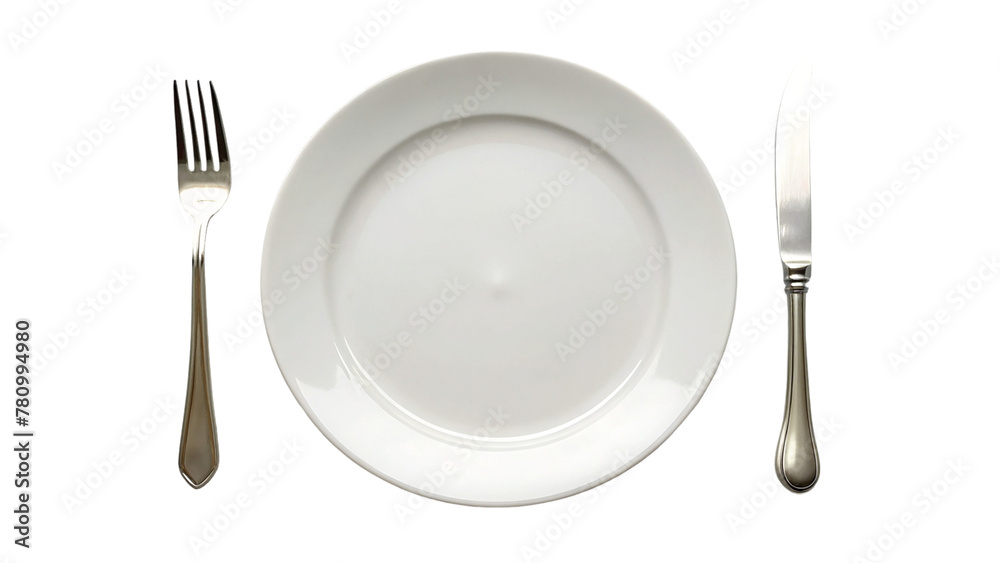 Empty plate with fork and knife isolated on transparent background Empty plate with fork and knife isolated on transparent background