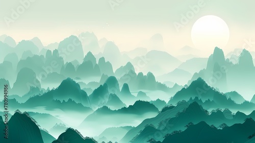Digital white and green minimalist mountains and rivers illustration abstract graphic poster web page PPT background