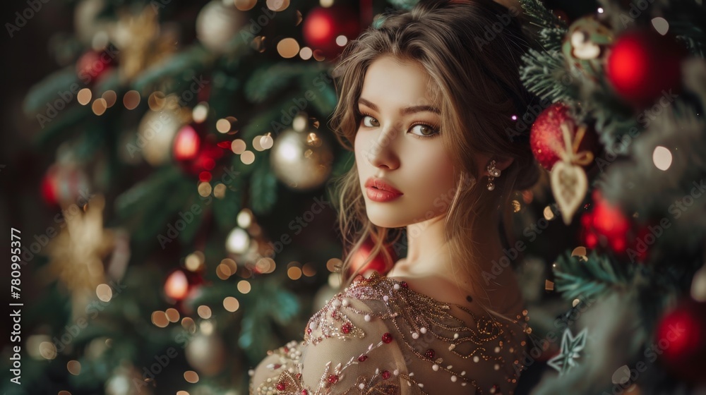Woman standing near christmas tree Woman standing near christmas tree