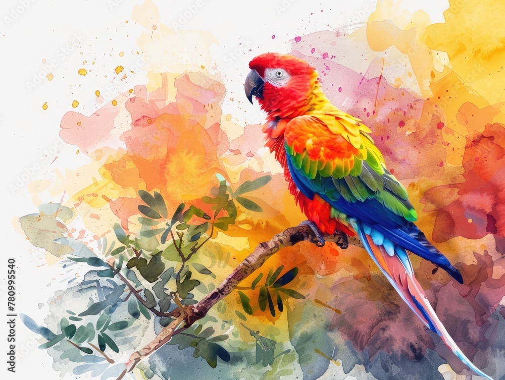 A colorful parrot perched on a watercolor tropical branch