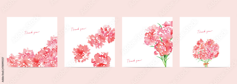 水彩画。水彩タッチのカーネーションポストカード。母の日のメッセージカードセット。Watercolor. Carnation postcard with watercolor touch. Mother's Day message card set.