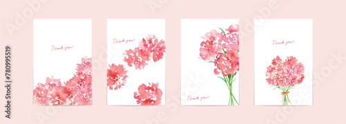 水彩画。水彩タッチのカーネーションポストカード。母の日のメッセージカードセット。Watercolor. Carnation postcard with watercolor touch. Mother's Day message card set.