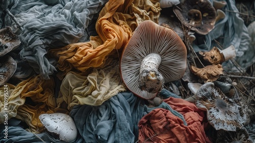 A close-up of a mushroom being used as a natural dye with fabrics taking on the colors derived from fungi photo