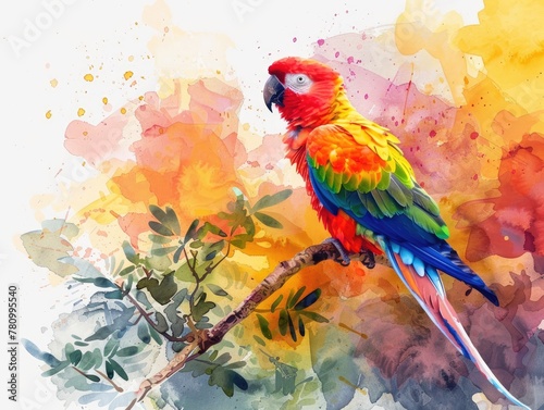 A colorful parrot perched on a watercolor tropical branch © AI Farm