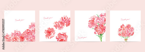 水彩画。水彩タッチのカーネーションポストカード。母の日のメッセージカードセット。Watercolor. Carnation postcard with watercolor touch. Mother's Day message card set.