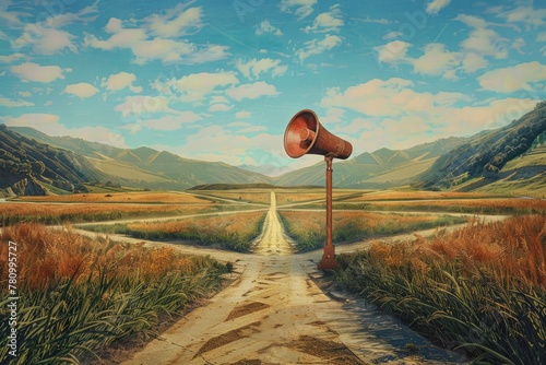 A megaphone at a crossroads with paths forming according to the spoken directions photo