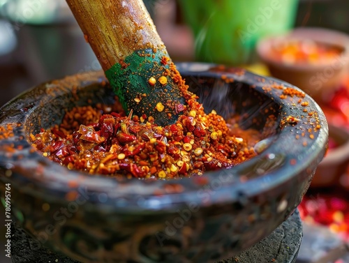 A mortar and pestle grinding chillies into a vibrant