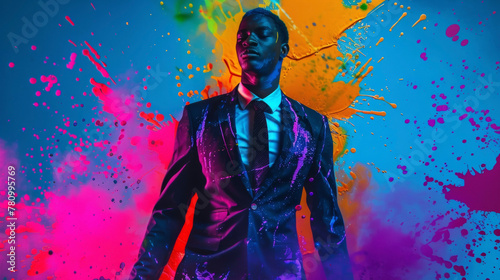Proud and fearless a black man strikes a pose amidst a flurry of neon spray paint splattered across his tailored suit and auburn skin in a celebration of color and individuality. .