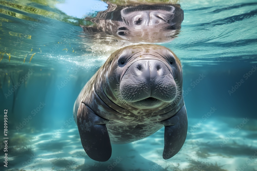 Contented manatee floating serenely in crystal-clear waters, whiskers