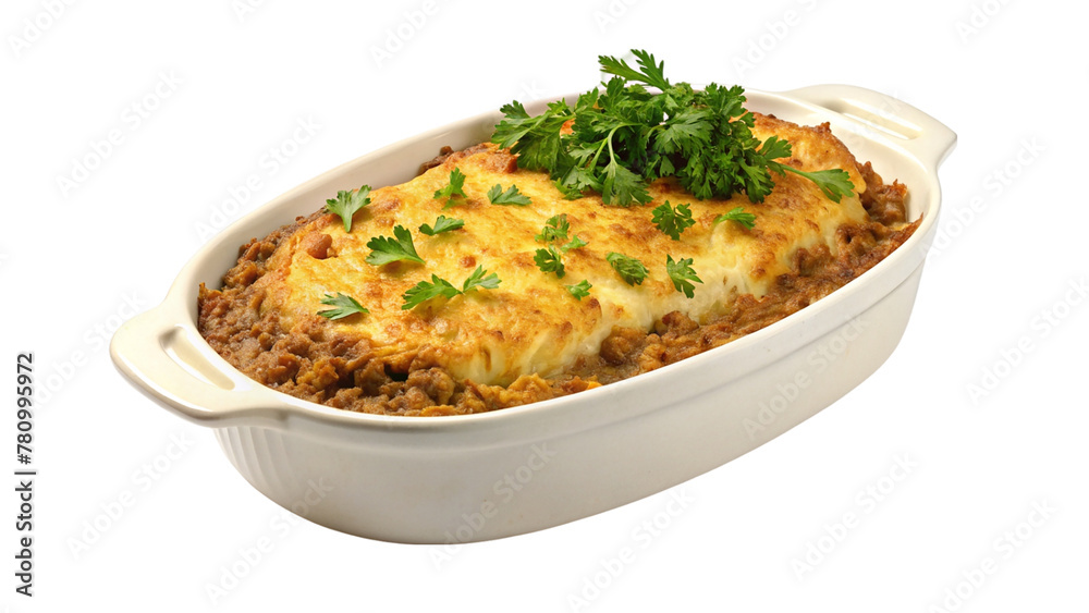 Lasagna in baking dish on white bowl isolated on transparent background