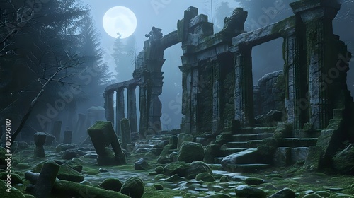 Haunting Moonlit Temple Ruins./n