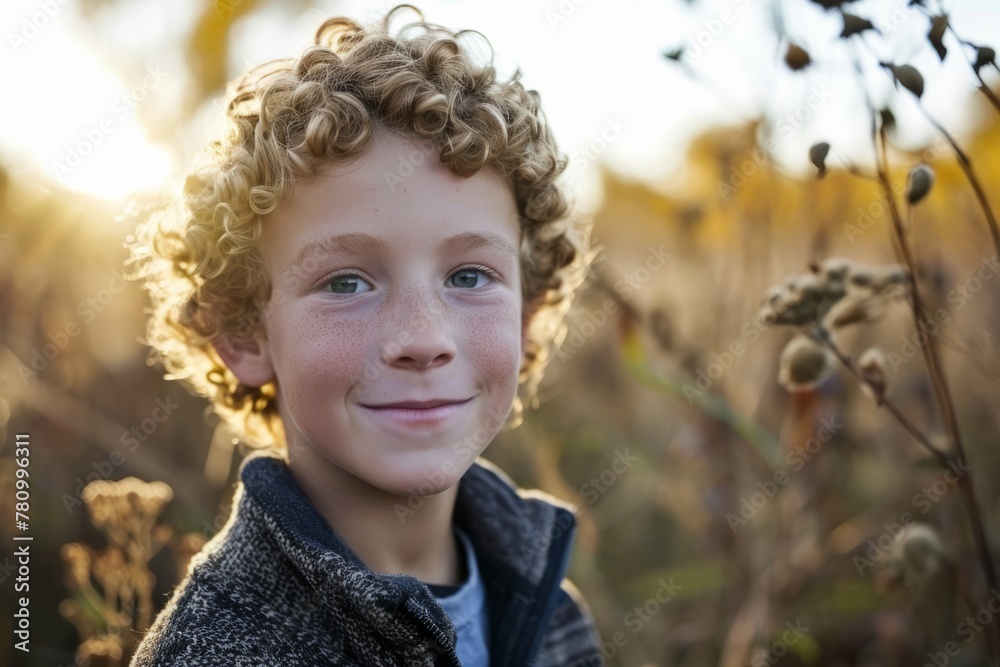 Portrait of a boy with curly hair in a field at sunset Portrait of a boy with curly hair in a field at sunset