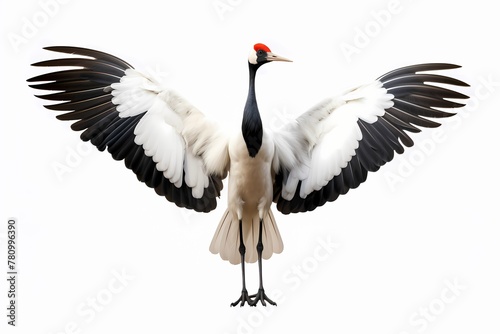 Regal red-crowned crane spreading its wings in an elegant display, isolated on white solid background