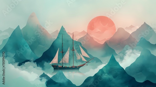 Blue tone mountains and boat illustration poster background