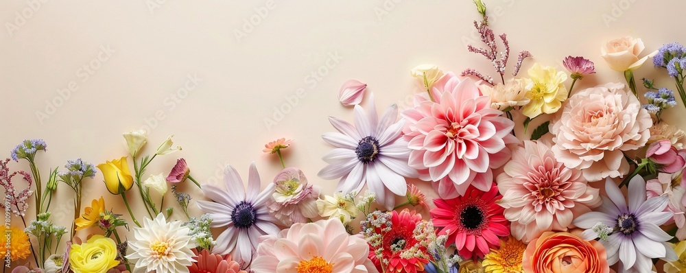 Lovely spring flowers banner isolated on pastel color background,  Greeting card for International Women Day. Valentine's Day, Mother's Day, Flat lay.