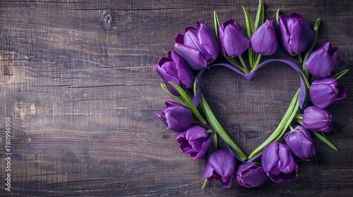 Fresh purple tulip flowers heart shape isolated on wooden background with copy space, Mother's Day, Valentine's Day backgrounds. #780996908