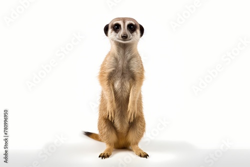 Curious meerkat standing upright, scanning the surroundings with alert eyes, isolated on white solid background