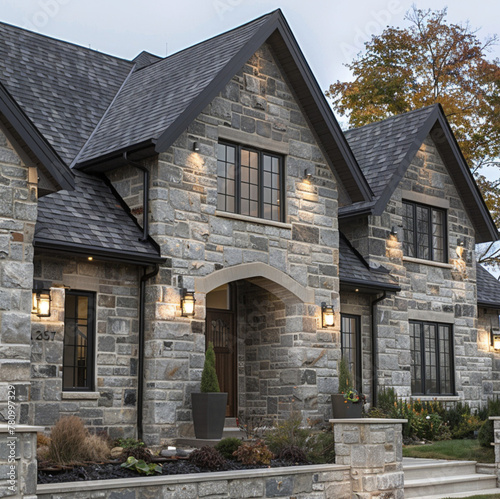 A house with a stone finish that embodies a sophisticated rustic charm seen in contemporary farmhouses. The finish is made up of moderately varied, mostly grey stones with occasional beige highlights photo