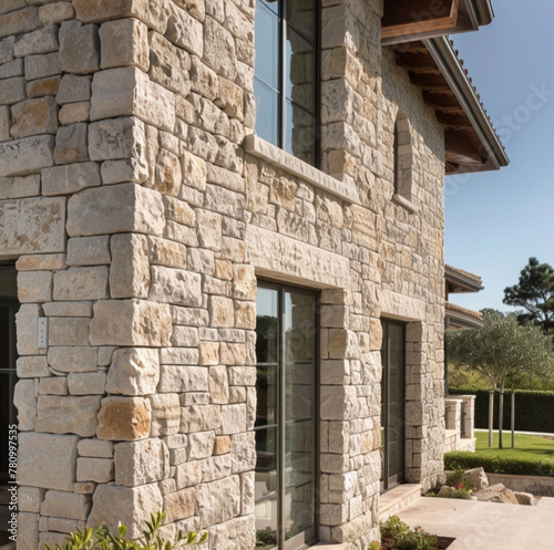 A house with a stone finish that embodies a sophisticated rustic charm seen in contemporary farmhouses. The finish is made up of moderately varied, mostly grey stones with occasional beige highlights © Kholoud