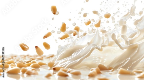wave of milk flying in the air with pine nut kernels on a solid white background,