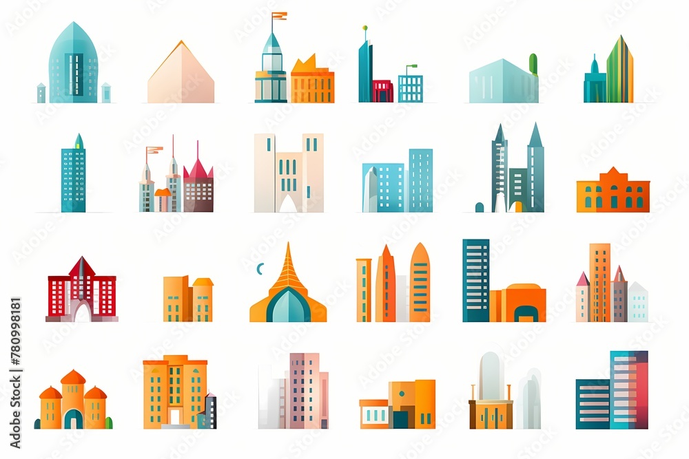A collection of sleek, minimalistic vector icons representing various bussines buildings in vibrant colors on a white solid background