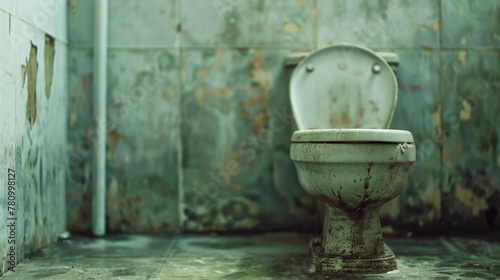 Dirty toilet in neglected bathroom with peeling walls © 2rogan