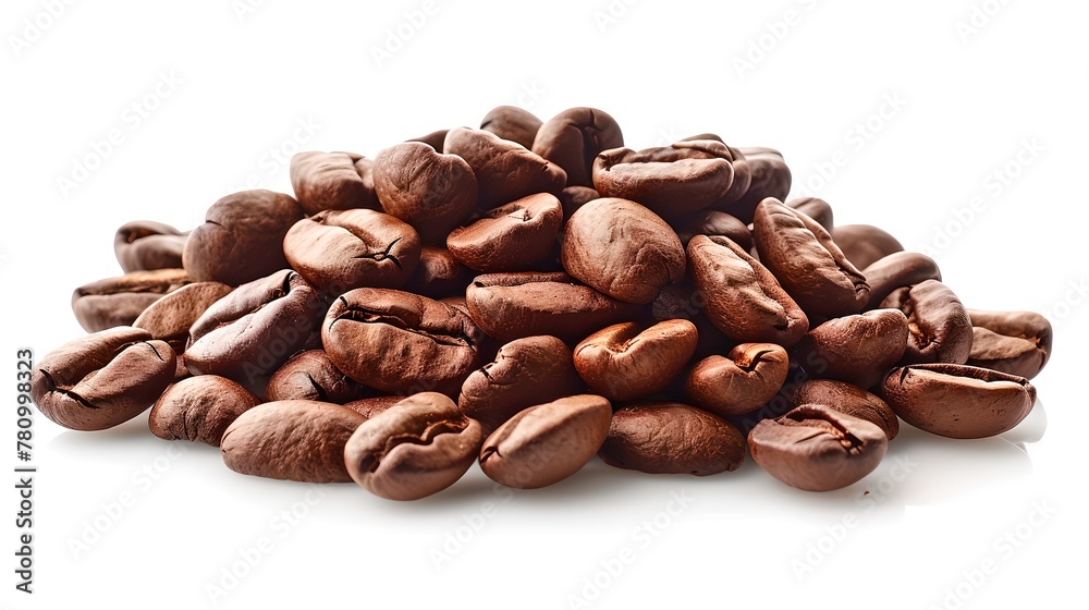 Aromatic fresh coffee beans pile on a white background. Close-up, textured and detailed image capturing the essence of coffee. Ideal for cafes and culinary themes. AI - obrazy, fototapety, plakaty 