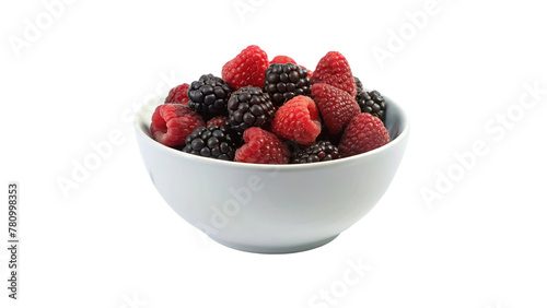 White bowl on blue and red berries isolated on transparent background