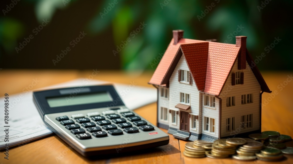 Model house with calculator and coins - A detailed model house paired with a calculator and coins, representing finance, investment, and homeownership Model house with calculator and coins - A detailed model house paired with a calculator and coins, representing finance, investment, and homeownership