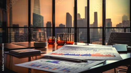 Office desk with skyline and charts - A corporate office setup with an impressive city view through the window and financial charts laid out on the desk