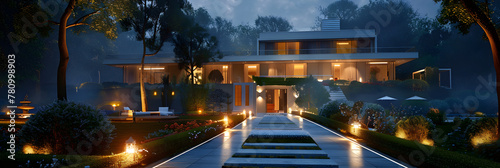 Luxury house and villa design with architectural style with a pathway and lights on it at night and trees on the sky background.