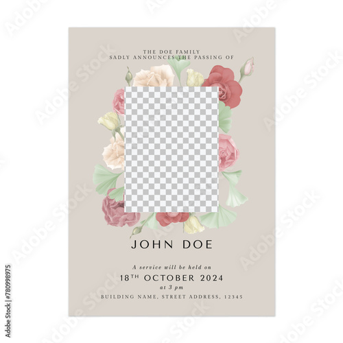 Floral funeral invitation template, colorful flowers and leaves on light brown background