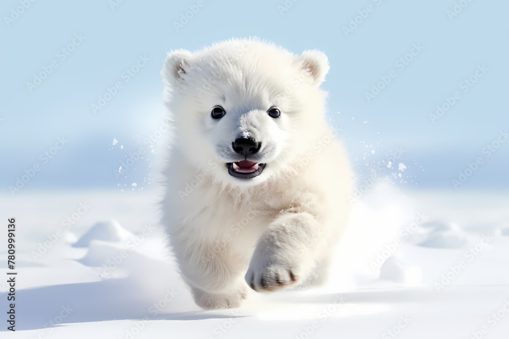 Playful polar bear cub frolicking in the snow, fluffy fur capturing the essence of pure joy, isolated on white solid background