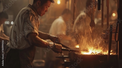A row of sweating blacksmiths work in unison their muscles straining as they move heavy pieces of metal through the furnace and onto the anvil the rhythmic sound of hammers clanging .