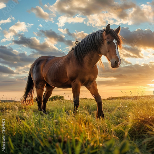 a beautiful horse walking in a grass with back ground