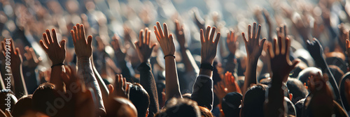 Crowd of people with raised hands at concert Music festival concept populated crowd everybody hands up. photo
