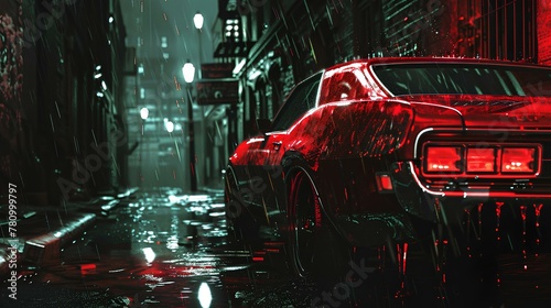 Wallpaper a red car on street at rainy in the night